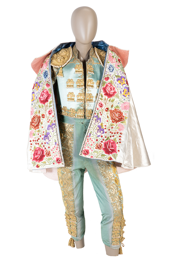  turquoise color matador jacket and pants with floral pattern matador cape