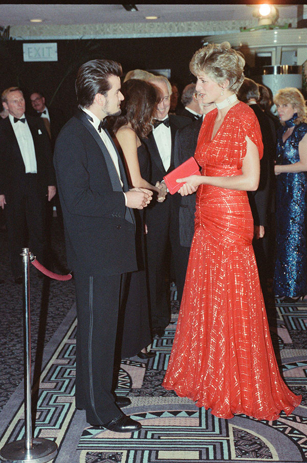 scarlet red silk Bruce Oldfield gown worn by Princess Diana