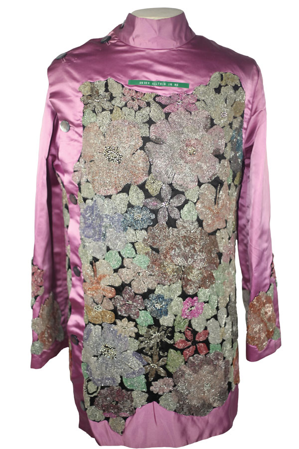 custom-made embellished “All You Need is Love” lavender silk tunic