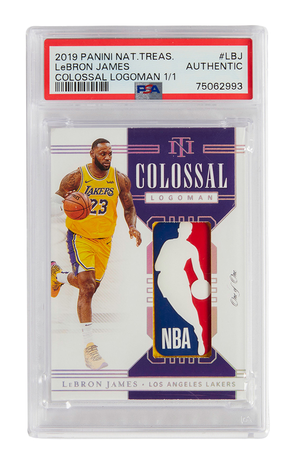 A one of one 2019-20 Lebron James National Treasures Colossal Logoman patch card