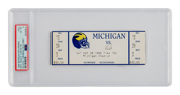 TOM BRADY: 1996 MICHIGAN VS UCLA COLLEGE FOOTBALL DEBUT FULL TICKET STUB