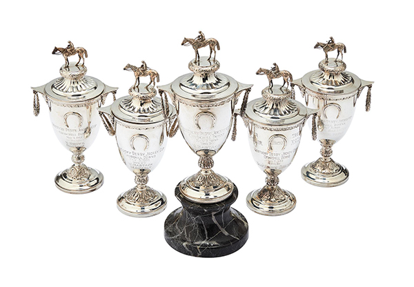 Five Lemon & Son brand sterling silver engraved Kentucky Derby jockey trophies