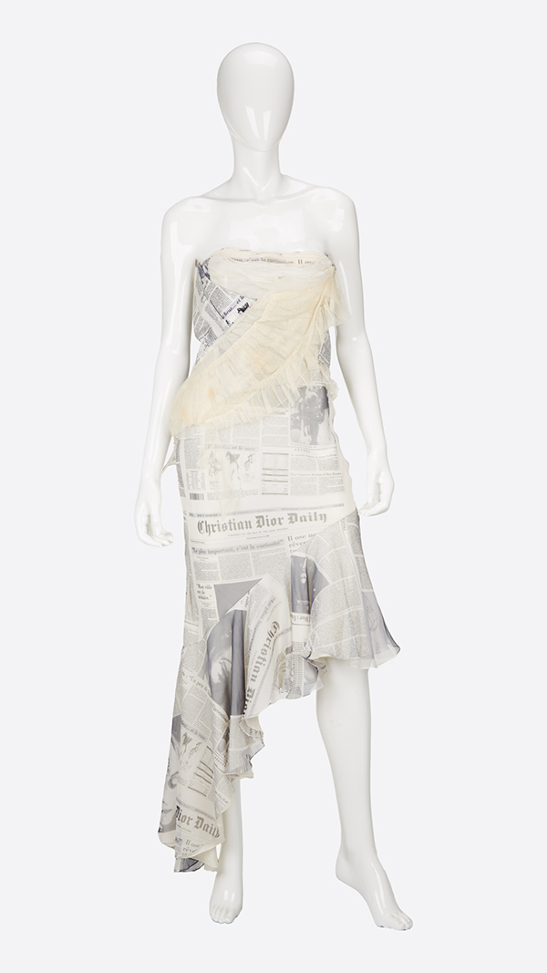 John Galliano for Christian Dior newsprint silk chiffon strapless gown