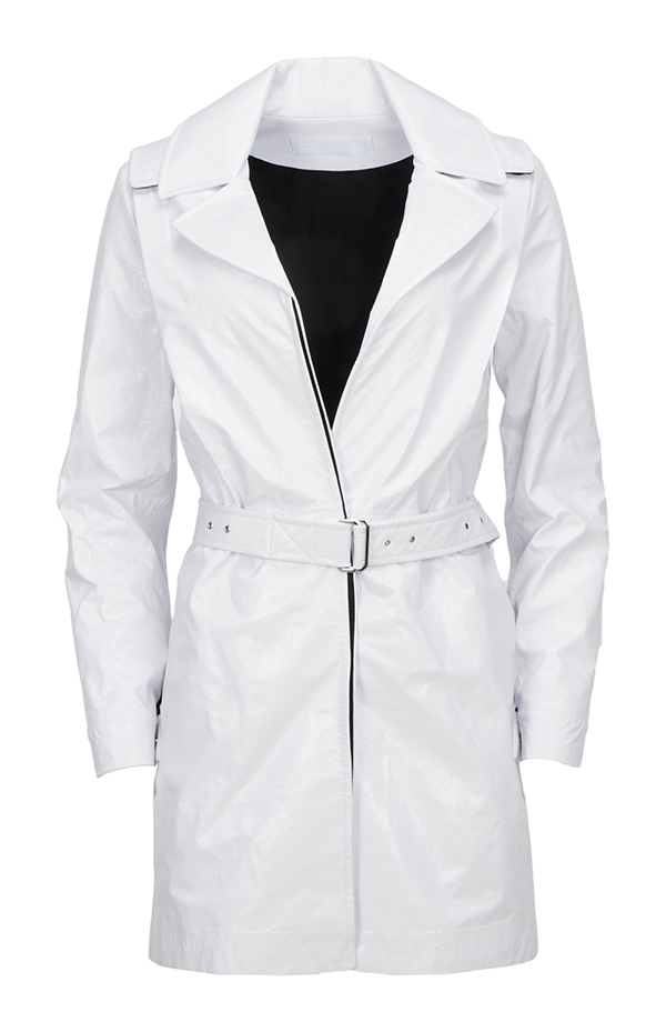 A white patent leather trench coat with a belt worn by Lady Gaga